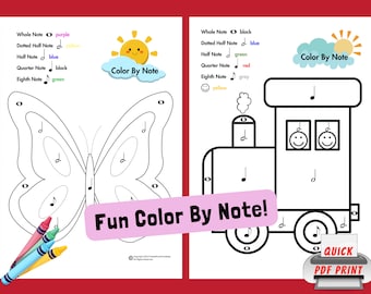 Kleur per notitie, inleiding tot tijdwaarden! Kleurplaten muziek, pianolessen voor beginners, werkbladen piano voor kleuters, kleurplaten muziek voor kinderen