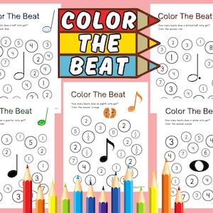 May include: A printable worksheet for kids to learn about musical notes and rhythms. The worksheet has five sections, each with a different musical note and a question about how many beats the note gets. The answer is represented by the number of circles around the note, and the instructions ask the child to color the circles according to the color indicated. The colors are blue, red, orange, green, and purple.