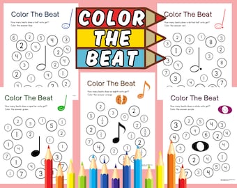 May include: A printable worksheet for kids to learn about musical notes and rhythms. The worksheet has five sections, each with a different musical note and a question about how many beats the note gets. The answer is represented by the number of circles around the note, and the instructions ask the child to color the circles according to the color indicated. The colors are blue, red, orange, green, and purple.