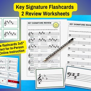 Cartes-éclair et fiches d'exercices sur les armures de clés, tonalités majeures et mineures, pour cours de piano en personne/en ligne, examen des armures de clés musicales