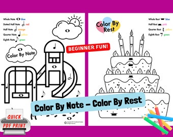 Muziek kleur voor noot en kleur voor rust, leuk voor beginners! Afdrukbaar muziektheorie, pianoles, muziekles, beginnerspiano, kleurplaten voor kinderen