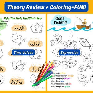 May include: A printable worksheet for music theory practice. The worksheet features a bird-themed activity where students add time values to find the total value of each nest. The second activity is a fish-themed activity where students color the fish based on the dynamic markings. The worksheet includes a color key with instructions for coloring the fish based on the dynamic markings.