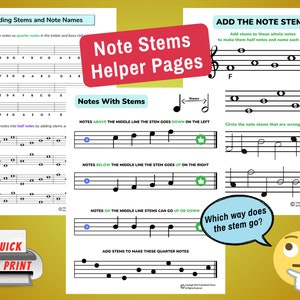 Note Stems Helper Page, Name The Note Worksheets, Adding Note Stems, Music Note Names, Music Theory, Piano Lesson Theory, Beginner Piano