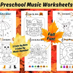 以下が含まれることがあります： かぼちゃ、かかし、幽霊、傘、犬など、秋のテーマの画像が描かれた印刷可能な塗り絵5枚。各ページには、音符による塗り絵または音楽アルファベットによる塗り絵の活動があります。ページの1つに「Fall Fun!」というテキストが掲載されています。