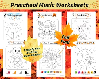 Preschool Fall Music Worksheets, Preschool Music Worksheets, Preschool Color By Note, Preschool Piano Lessons, Halloween Music Worksheets