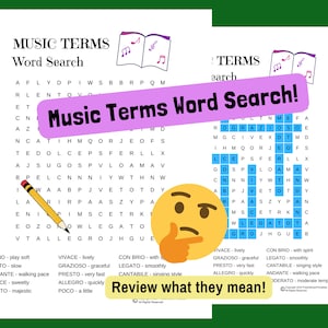 Music Word Search, Music Terms, Find Them and Review What They Mean! Piano Lessons, Music Terms Word Search, Piano Lesson Puzzle Printable