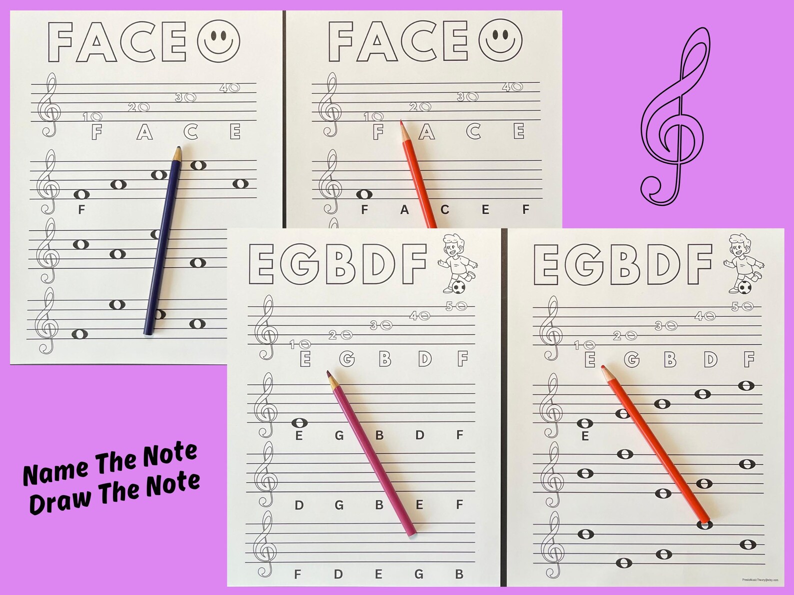 Music Note Name Worksheets to Color, Learning Treble Clef and Bass Clef ...
