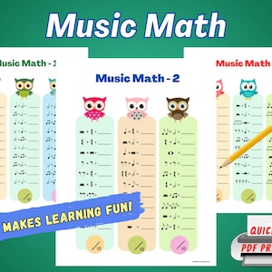 Pode incluir: Três folhas de trabalho imprimíveis com corujas e notas musicais para as crianças praticarem habilidades matemáticas. As folhas de trabalho são intituladas "Music Math - 1", "Music Math - 2" e "Music Math - 3". O texto "Makes Learning Fun!" está impresso na parte inferior das folhas de trabalho.