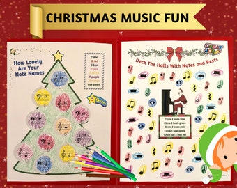 Christmas Music Fun! Christmas Tree Note Names, Deck The Halls With Notes and Rests, Piano Theory, Christmas Music Worksheets, Piano Lessons