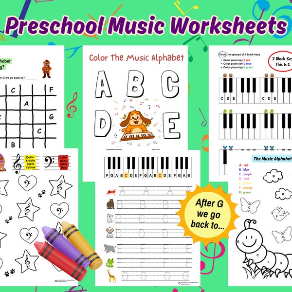 Preschool Music Worksheets, Preschool Piano Lessons, Preschool Theory, The Music Alphabet, Preschool Treble and Bass Clef, Beginner Piano