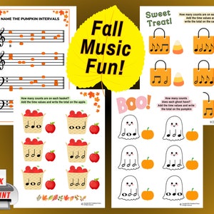 Fall Music Fun! Music Intervals and Time Values, Autumn Music Theory, Piano Lessons, Halloween Music Worksheets, Music Math, Beginner Piano