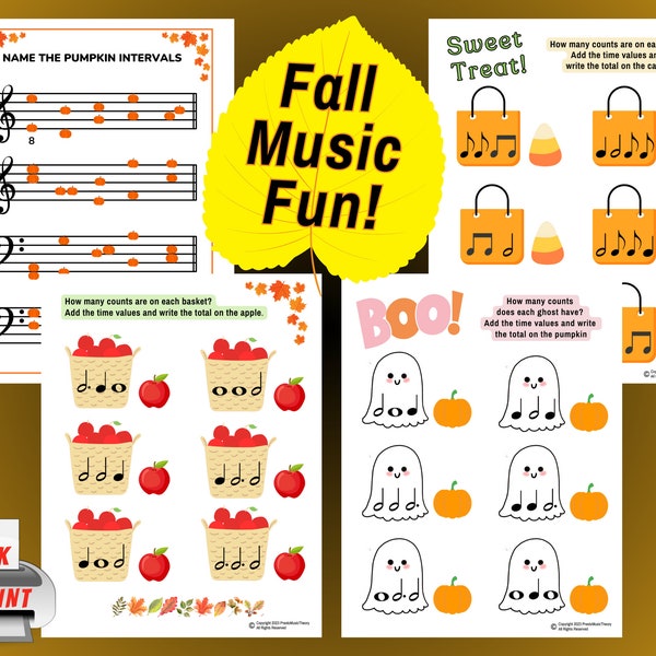 Fall Music Fun! Festive Intervals and Time Values, Autumn Music Theory, Piano Lessons, Music Class, Music Math, Beginner Piano, Worksheets