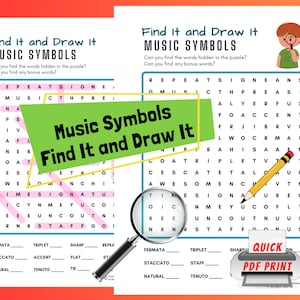 Music Word Search, Find It and Draw It! Music Symbols Word Search, Music Theory Worksheet, Music Puzzle, Word Search for Kids, Piano Lessons
