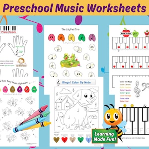 Op de afbeelding: Een set afdrukbare voorschoolse muziekwerkbladen met verschillende activiteiten, waaronder kleuren op volgorde van noten, het identificeren van muzieknoten en het leren over het pianoklavier. De werkbladen bevatten kleurrijke illustraties van bijen, kikkers en een hond.