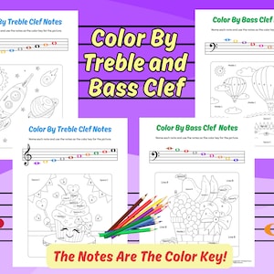 Color By Note Treble Clef and Bass Clef, Music Theory Fun, Piano Lesson Coloring, Color By Note, Piano Worksheets, Music Coloring Pages