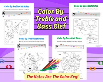 G-sleutel en bassleutel, muziektheorie leuk, pianoles kleuren, kleur per noot, pianowerkbladen, muziek kleurplaten