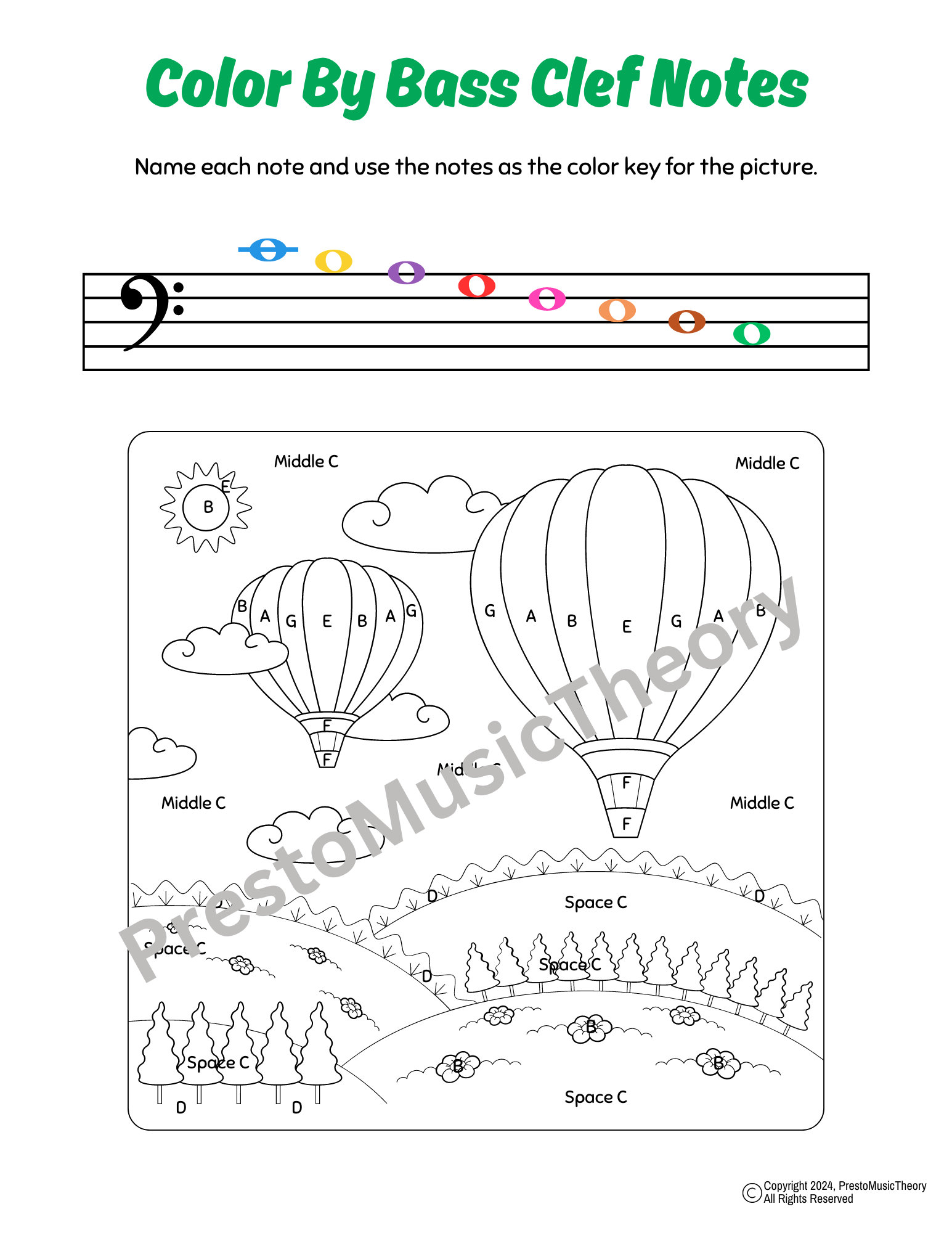 Color by Note Treble Clef and Bass Clef, Music Theory Fun, Piano Lesson ...
