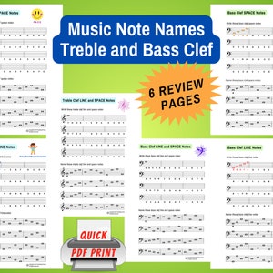 Music Note Names, Note Reading, Treble and Bass Clef Lines and Spaces, Piano Lessons, Music Class, Beginner Piano Theory Printable, PDF