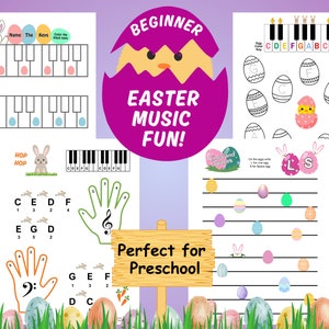 Easter Music Worksheets, Easter Piano Theory, Preschool Easter Music Worksheets, Beginner Piano Lessons, Preschool Easter Music Coloring