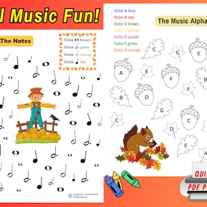 May include: A printable worksheet for kids featuring a fall music theme. The worksheet includes a "Circle the Notes" activity with musical notes and a "The Music Alphabet" activity with acorns and leaves. The worksheet is designed for coloring with crayons.