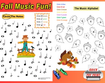 Fall Theme Music Alphabet and Time Values - Music Theory Printable - Piano Lesson - Music Classroom - Homeschooling - Autumn PDF Printable