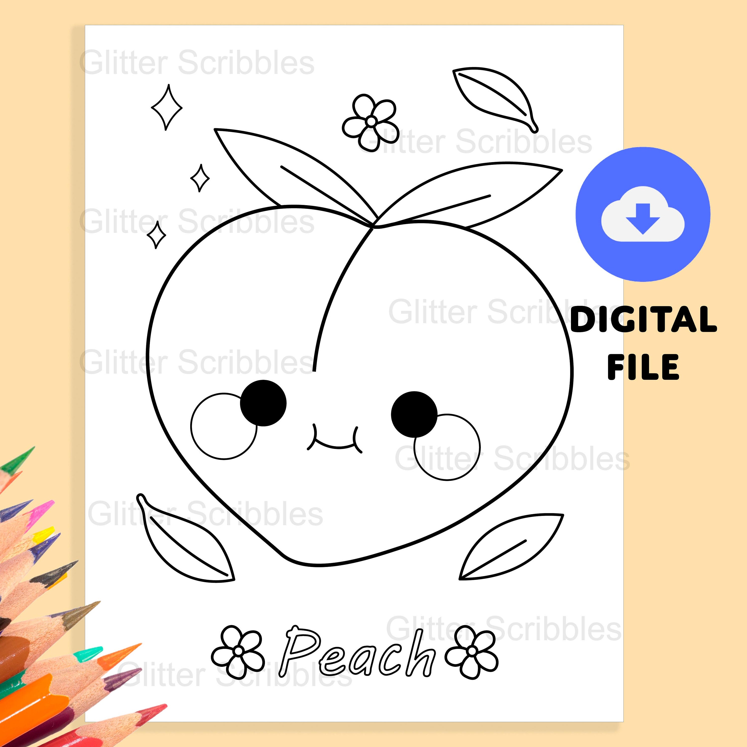 Cute Peach Coloring Page for Kids, Printable, Kawaii Drawing, Fruit ...