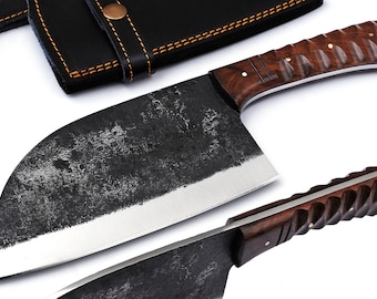 Chef Cleaver Handmade High Carbon Steel Chef’s Knife, Carved Wood Handle Gift Outdoor Chop Knife