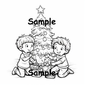 May include: Black and white illustration of two children kneeling near a decorated Christmas tree. The tree is adorned with ornaments and topped with a star. Several wrapped gifts are at the base of the tree. The word "Sample" is written on the image.