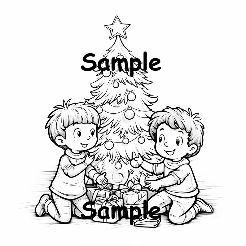 May include: Black and white illustration of two children kneeling near a decorated Christmas tree. The tree is adorned with ornaments and topped with a star. Several wrapped gifts are at the base of the tree. The word "Sample" is written on the image.
