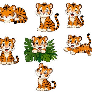 May include: A selection of cartoon tiger illustrations in different poses. The tigers are orange with black stripes and white undersides. Some are sitting, standing, or lying down. One is peeking from behind green leaves.