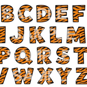 May include: An uppercase alphabet, each letter featuring an orange and black tiger stripe design. The letters are outlined in black and set against a white background. A striking and colourful design.