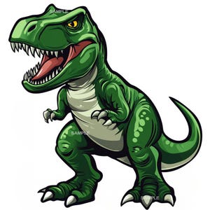 Peut inclure: Un dinosaure de dessin animé vert avec une grande gueule et des dents acérées. Le dinosaure est debout sur ses quatre pattes, la queue enroulée derrière lui.