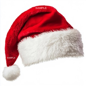 May include: A red and white Santa hat with a fluffy white trim. The hat has a long, pointed tip and a pom-pom on the end.