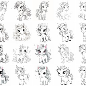 May include: A collection of 18 black and white line drawings of cute unicorns with different poses and expressions. The unicorns have flowing manes and tails, and some have horns with stars.