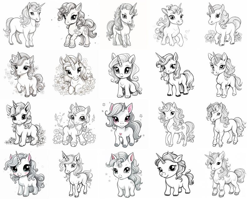 May include: A collection of 18 black and white line drawings of cute unicorns with different poses and expressions. The unicorns have flowing manes and tails, and some have horns with stars.