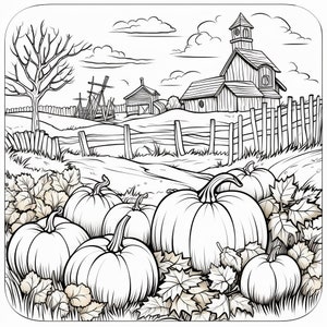 May include: A black and white line drawing of a farm scene with a farmhouse, a fence, and a field of pumpkins. The pumpkins are various sizes and shapes, and some are clustered together.