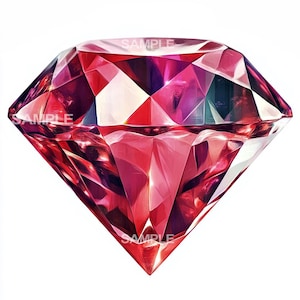 May include: A large, faceted, red gemstone with a brilliant cut. The gem has multiple facets that reflect light, creating a sparkling effect. The word "SAMPLE" is printed on the gem. The overall impression is one of luxury and value.
