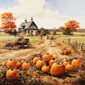 Könnte beinhalten: Aquarellmalerei eines Kürbisfeldes im Herbst. Eine rustikale Scheune und Bäume mit orangefarbenem Laub befinden sich im Hintergrund. Ein Traktor und Personen sind auf einem Feldweg zu sehen, mit Kürbissen im Vordergrund.