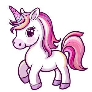 Peut inclure: Une illustration de dessin animé d'une licorne blanche avec une crinière et une queue roses et jaunes. La licorne a de grands yeux noirs et une corne rose avec un tourbillon bleu et jaune.