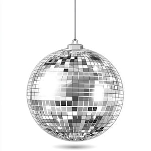 Può includere: Una palla da discoteca argentata con piastrelle a specchio appese a una catena argentata. La palla è rotonda e ha una superficie riflettente.