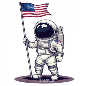 May include: Cartoon illustration of an astronaut in a white spacesuit holding a flagpole with the American flag. The astronaut is standing on a purple oval. The word "SAMPLE" is printed on the flag and the astronaut's suit.