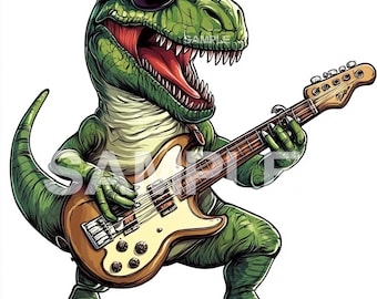 Könnte beinhalten: Ein grüner Dinosaurier mit Sonnenbrille spielt eine weiße und braune E-Gitarre mit schwarzem Schlagbrett. Die Gitarre hat ein schwarz-weißes Schlagbrett und ein schwarz-weißes Schlagbrett.