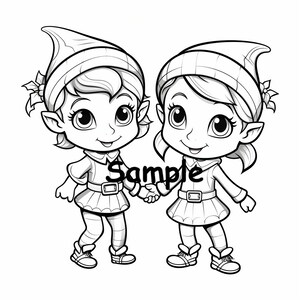 May include: Black and white illustration of two cartoon elves holding hands. They wear elf hats, collared shirts, belts, and skirts. The word "Sample" is printed across the image.