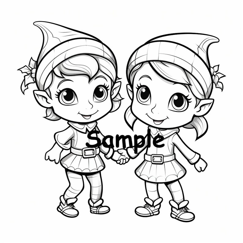 May include: Black and white illustration of two cartoon elves holding hands. They wear elf hats, collared shirts, belts, and skirts. The word "Sample" is printed across the image.