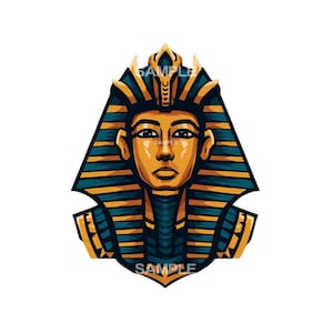 May include: A stylized illustration of a pharaoh's bust, featuring a gold face and headdress with blue and gold striped details. The word "SAMPLE" is printed on the headdress and below the bust. The artwork has a symmetrical design and a white background.
