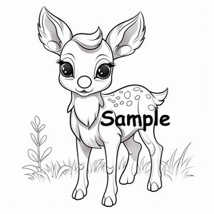 May include: Black and white illustration of a cartoon deer with large eyes, eyelashes, and a small nose. The deer has spots on its back and is standing in grass. The word "Sample" is written across the deer's body.
