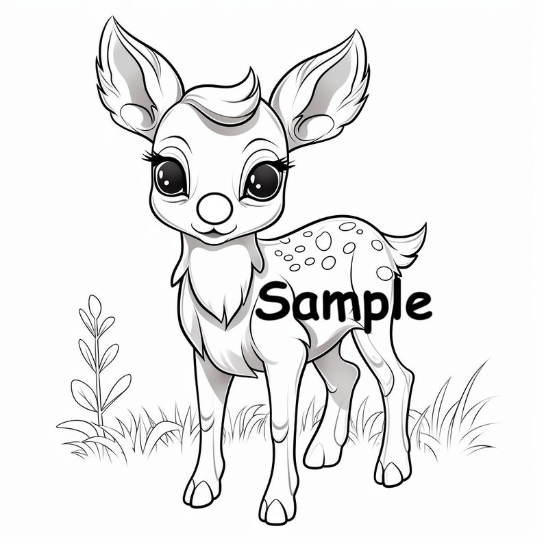 May include: Black and white illustration of a cartoon deer with large eyes, eyelashes, and a small nose. The deer has spots on its back and is standing in grass. The word "Sample" is written across the deer's body.