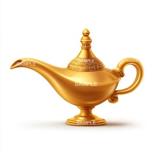 May include: A golden genie lamp with a curved spout, a handle, and a decorative lid. The lamp has a detailed design around the top and base. The word "SAMPLE" is printed on the lamp.