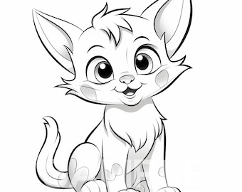May include: A black and white line drawing of a cartoon kitten sitting with its tail curled around its legs. The kitten has large eyes, a small nose, and a wide smile.