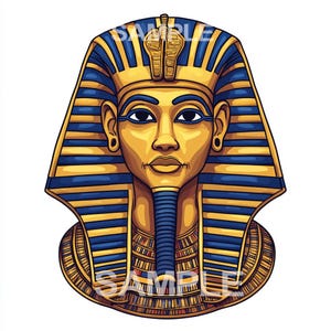 May include: A gold and blue pharaoh mask with a detailed design. The mask has a traditional Egyptian style and features a headdress with a cobra.